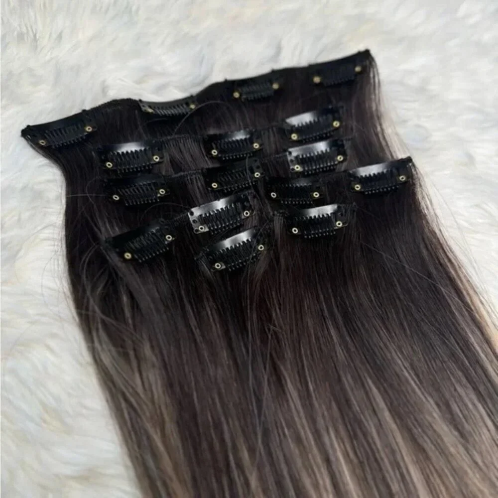 24 In Two Color Balayage Dark roots Blonde hair Clip in Extensions